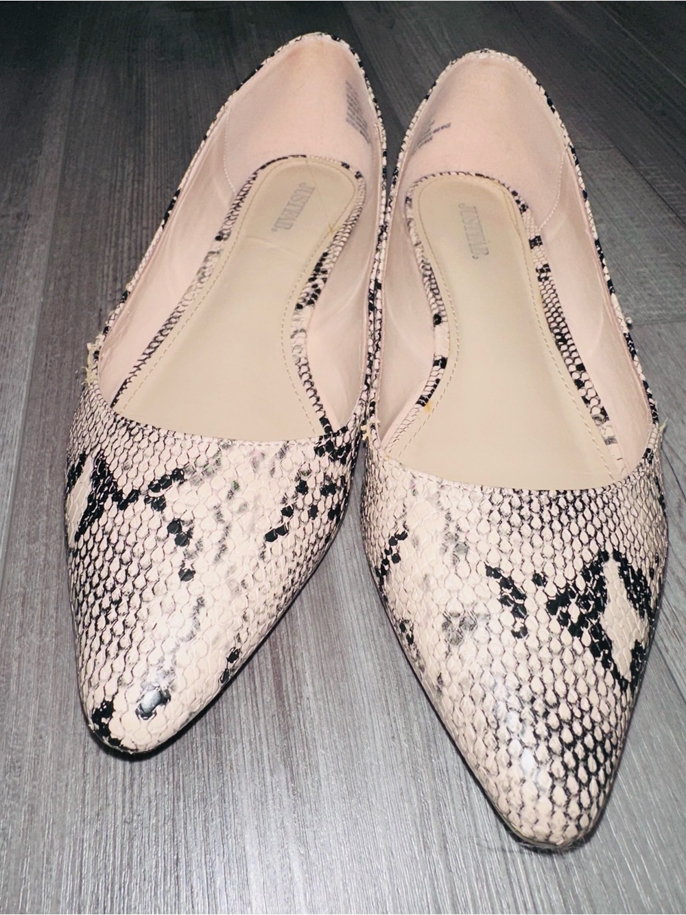 JustFab Pink Snake-Print Pointed Toe Flats